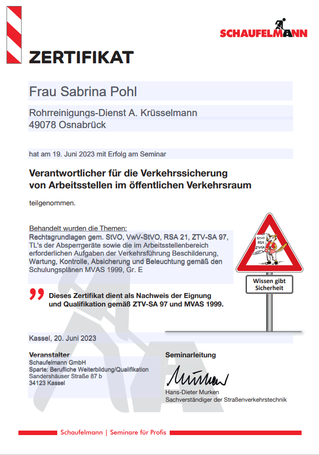 Zertifikate: Verkehrssicherung von Arbeitsstellen